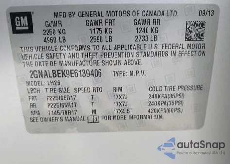 2014 Chevrolet Equinox 1Lt из США, поврежденный, VIN 2GNALBEK9E6139406